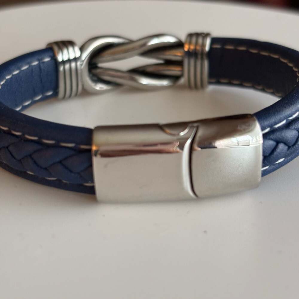Men's LYNX Stainless Steel & Navy Braided Leather Bracelet - Picture 3 of 8